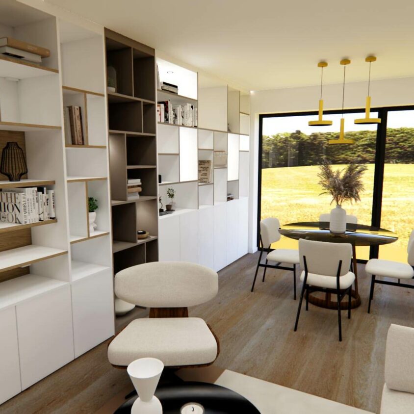 Rendu 3D bibliothèque pour projet d'aménagement intérieur d'un appartement neuf à Hesperange