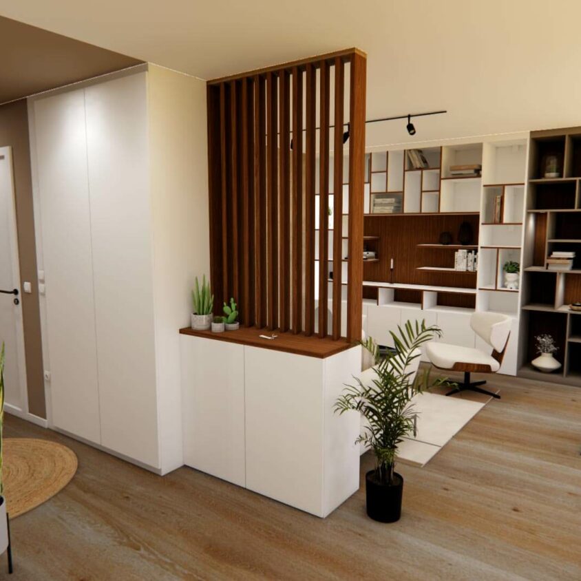 Rendu 3D claustra persiennes pour projet d'aménagement intérieur d'un appartement neuf à Hesperange