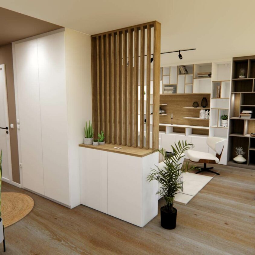 Rendu 3D claustra persiennes pour projet d'aménagement intérieur d'un appartement neuf à Hesperange