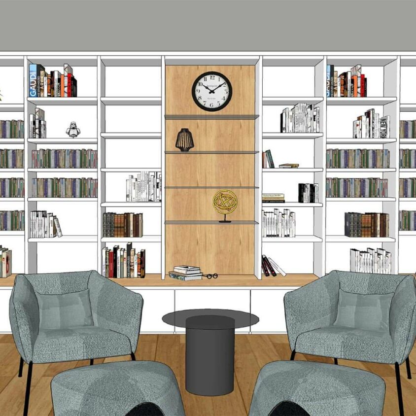Vue 3D de Bibliothèque sur mesure réalisée à Lintgen au Luxembourg par BeHome Interiors