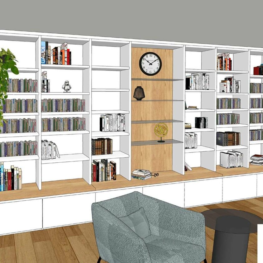 Vue 3D de Bibliothèque sur mesure réalisée à Lintgen au Luxembourg par BeHome Interiors
