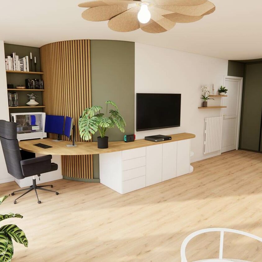 Rendu 3D de projet de Bureau sur mesure arrondi dans un appartement à Peppange au Luxembourg
