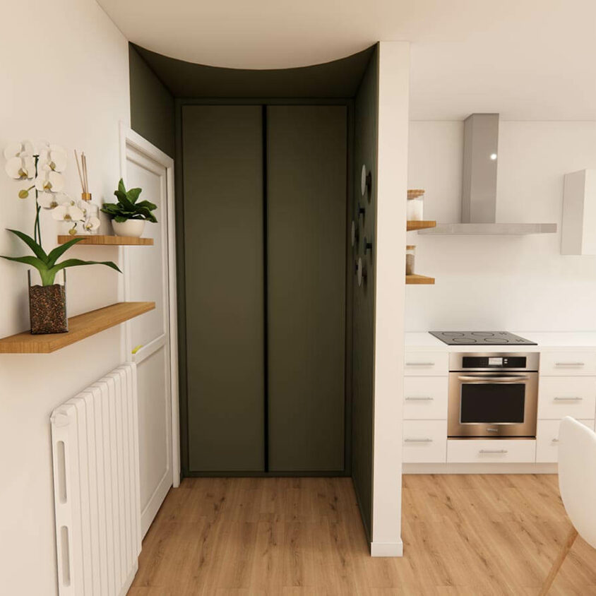 Rendu 3D de projet de Bureau sur mesure arrondi dans un appartement à Peppange au Luxembourg côté entrée