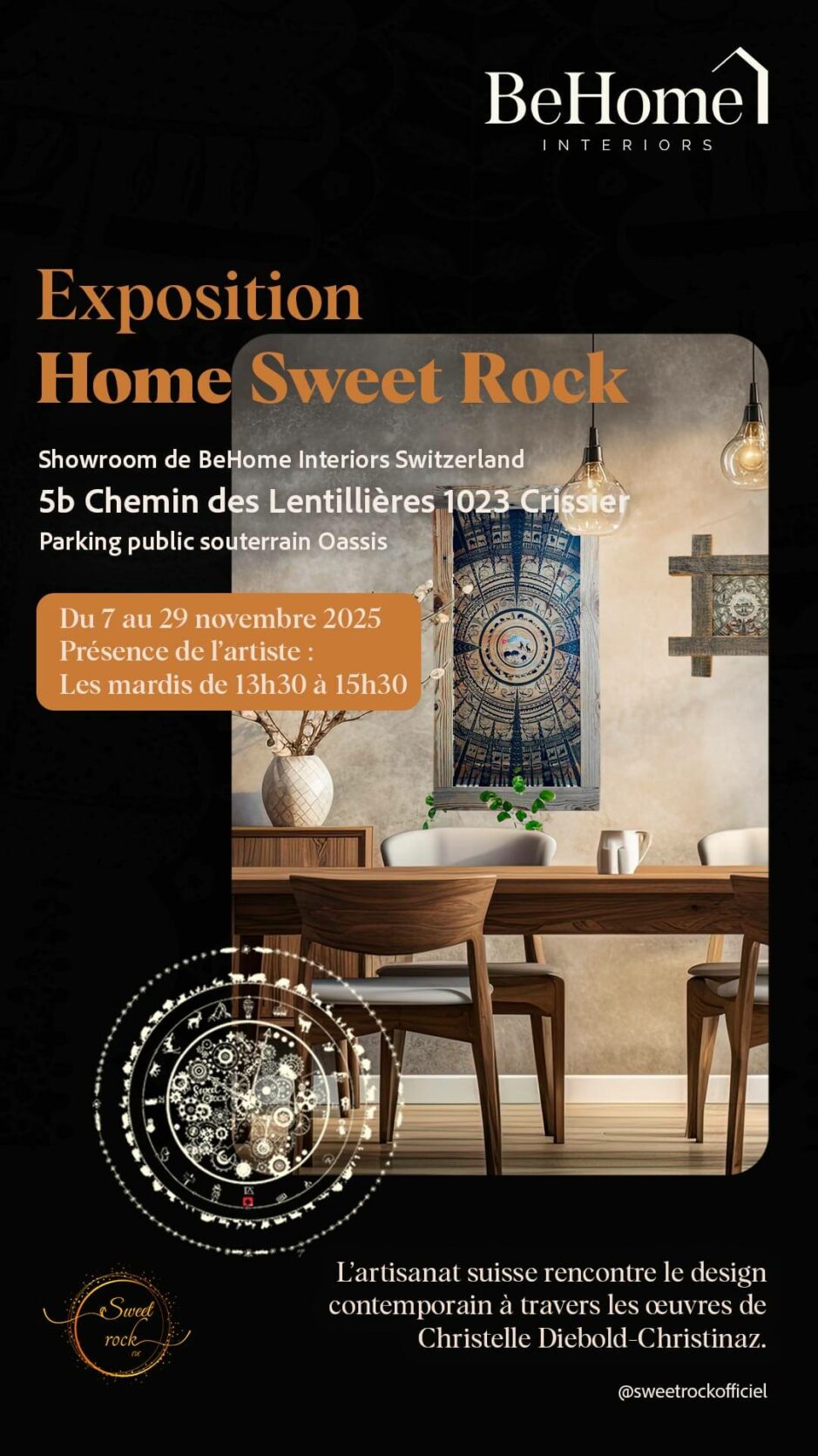 Invitation à l'expostition de Sweet Rock dans le showroom de BeHome Interiors Lausanne.