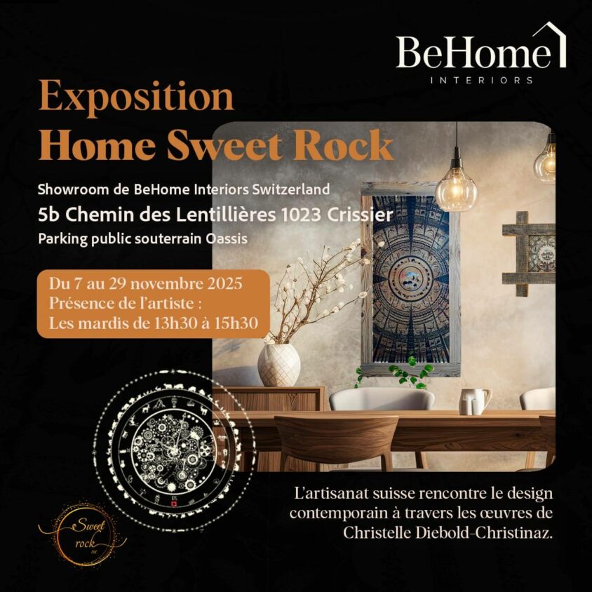 Invitation à l’exposition Home Sweet Rock au showroom BeHome Interiors Lausanne, où les œuvres de Sweet Rock mettent à l’honneur l’artisanat fribourgeois et la culture suisse revisitée dans un univers de design intérieur contemporain. Exposition du 7 au 29 novembre 2025 à Crissier.