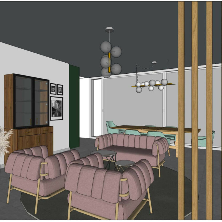 Plan 3D d'un Aménagement intérieur de salon à Hespérange au Luxembourg - Meuble buffet sur mesure et fauteuil