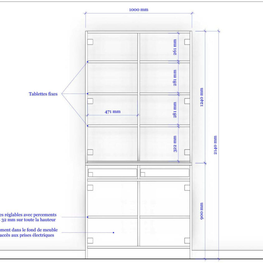 Plan 2D avec cotes d'un buffet sur mesure à Hesperange