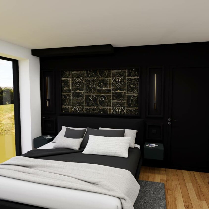 Aménagement de chambre à Lenningen avec mur décoré projet 3D
