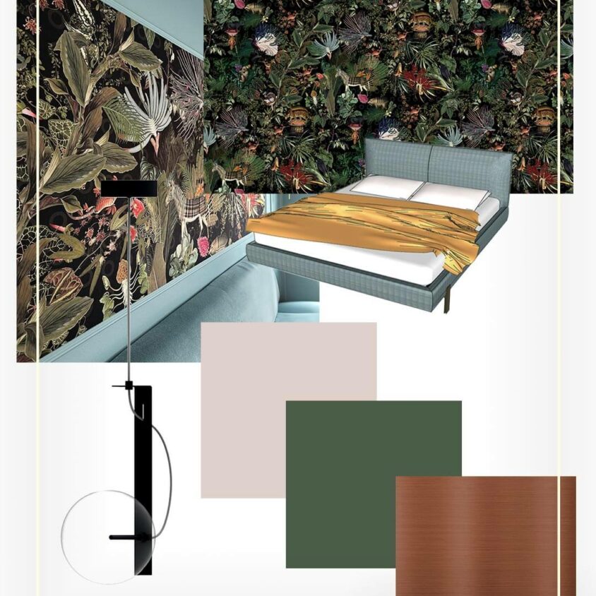 Moodboard pour un Aménagement de chambre à Lenningen avec mur tapissé et peint