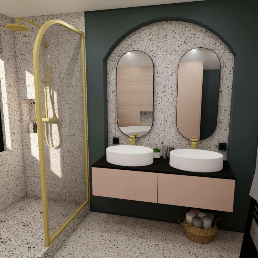 Aménagement de salle de bain à Lenningen rendu 3D du projet vue lavabos et douche rideau ouvert