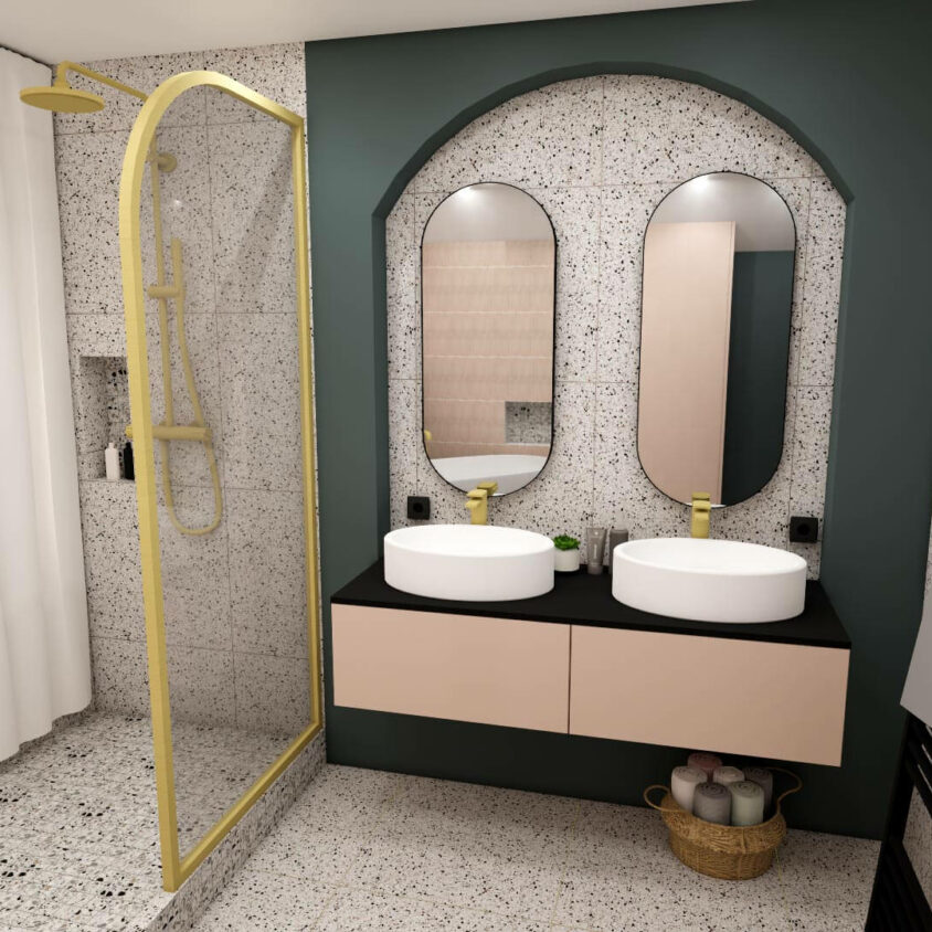 Aménagement de salle de bain à Lenningen rendu 3D du projet vue lavabos et douche