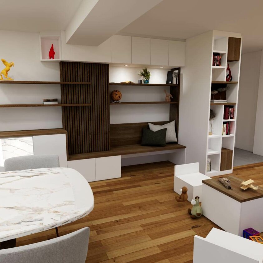 Aménagement de salon à Lenningen vue projet 3D mur de rangement