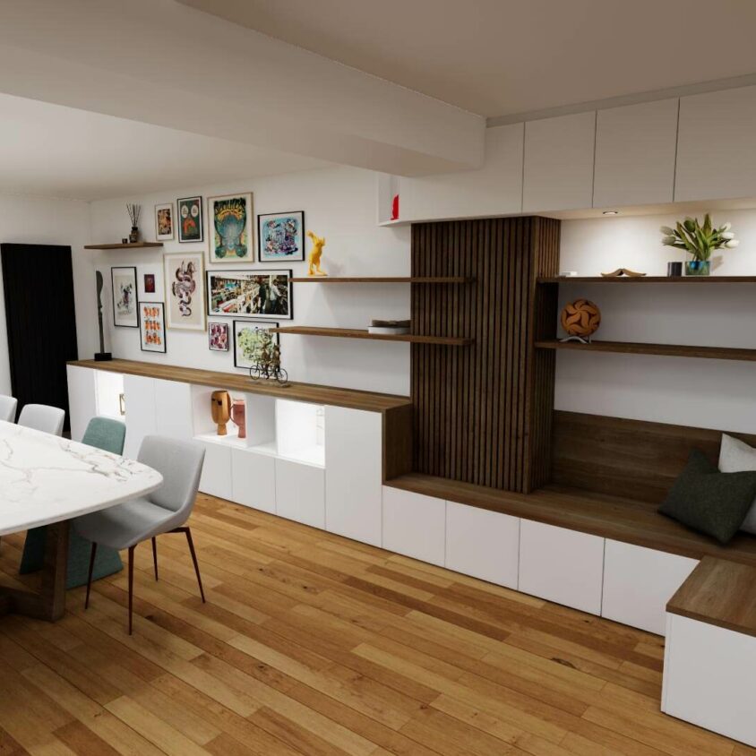 Aménagement de salon à Lenningen vue projet 3D mur de rangement