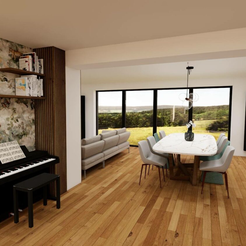 Aménagement de salon à Lenningen vue projet 3D mur de rangement et piano