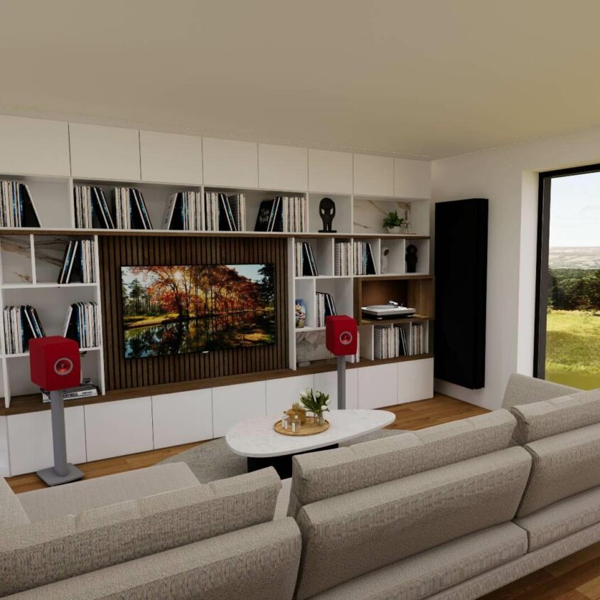 Aménagement de salon à Lenningen vue projet 3D meuble TV et bibliothèque vinyles