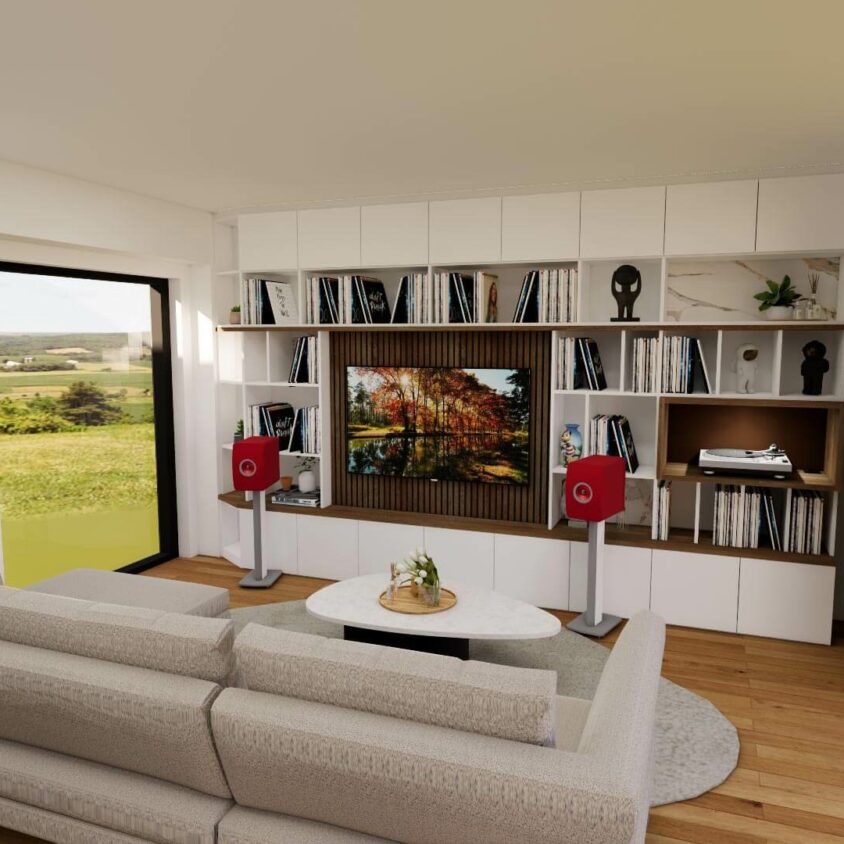Aménagement de salon à Lenningen vue projet 3D meuble TV et bibliothèque vinyles