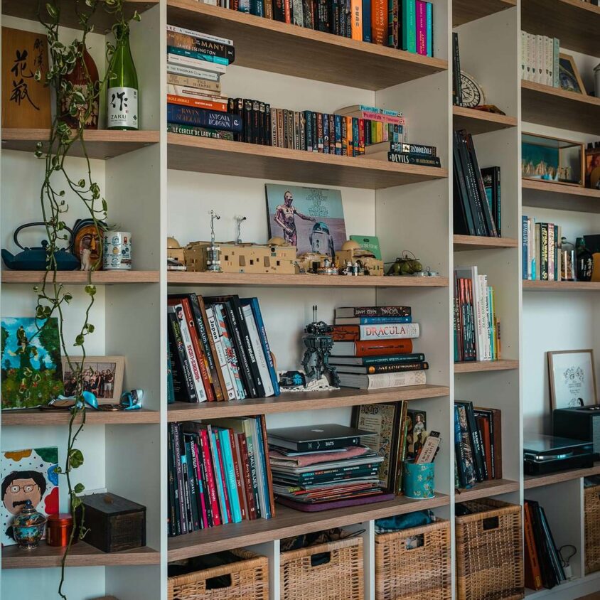 Bibliothèque sur mesure réalisée à Belvaux au Luxembourg avec biseaux angles