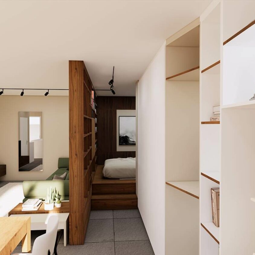 Réménagement d'intérieur d'une bibliothèque dans un salon à Beggen plan 3D du projet