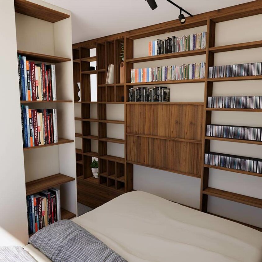 Réménagement d'intérieur d'une bibliothèque dans un salon à Beggen plan 3D du projet