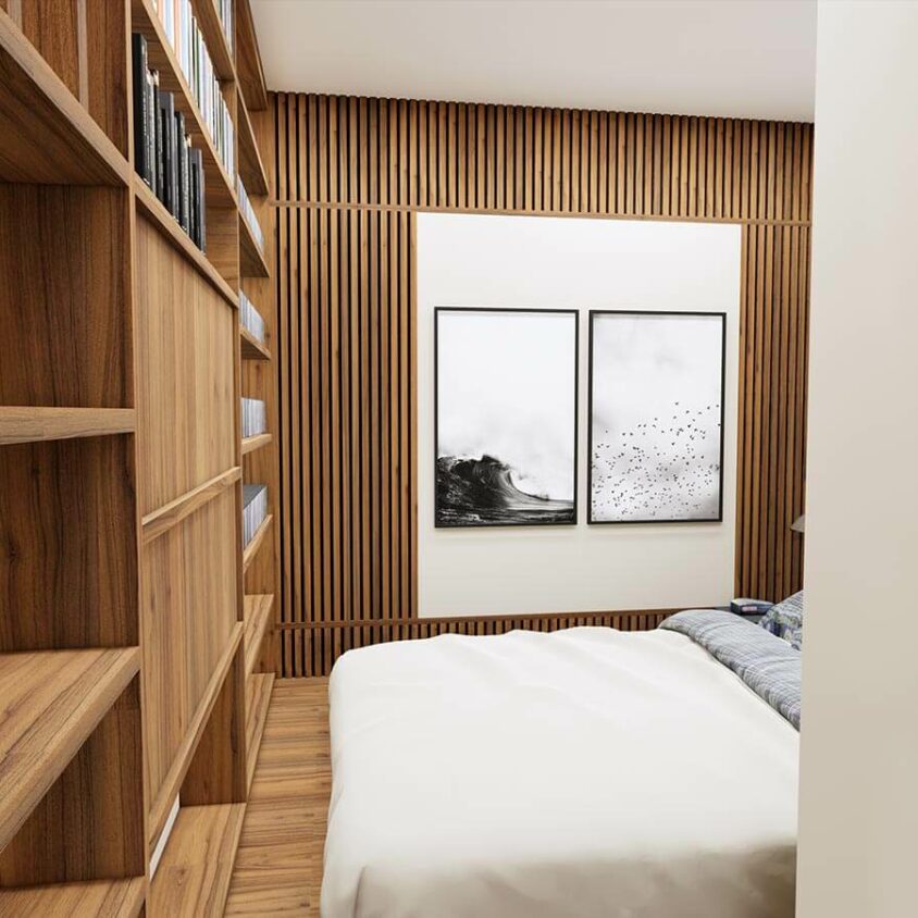 Réménagement d'intérieur d'une bibliothèque dans un salon à Beggen plan 3D du projet