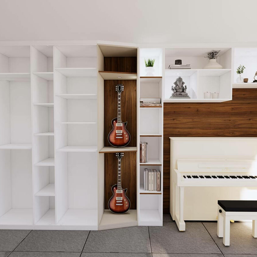 Réménagement d'intérieur d'une bibliothèque dans un salon à Beggen plan 3D du projet