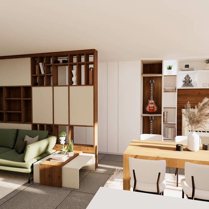 Réménagement d'intérieur d'une bibliothèque dans un salon à Beggen plan 3D du projet