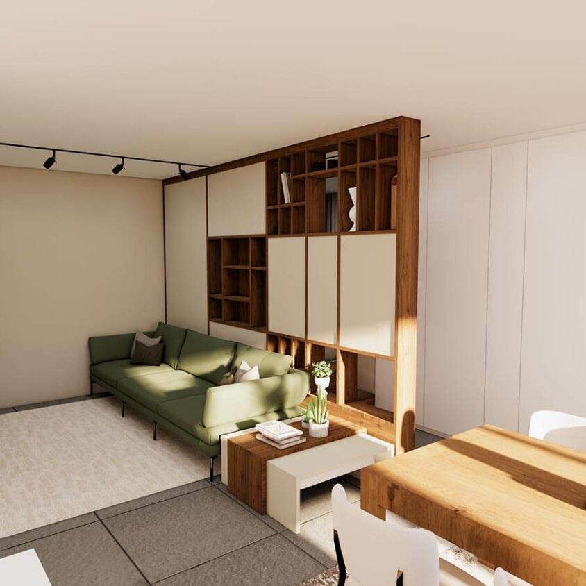 Réménagement d'intérieur d'une bibliothèque dans un salon à Beggen plan 3D du projet