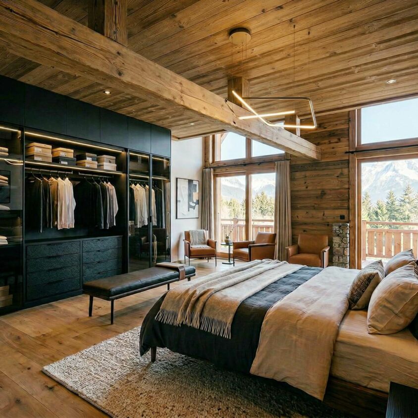 Aménagement intérieur d'une chambre parentale dans un chalet contemporain