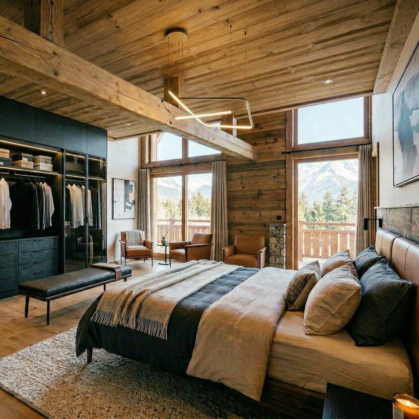Aménagement intérieur d'une chambre parentale dans un chalet contemporain
