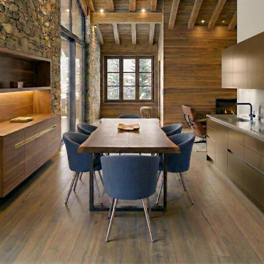 Aménagement d'intérieur d'une cuisine sur mesure contemporaine dans un chalet