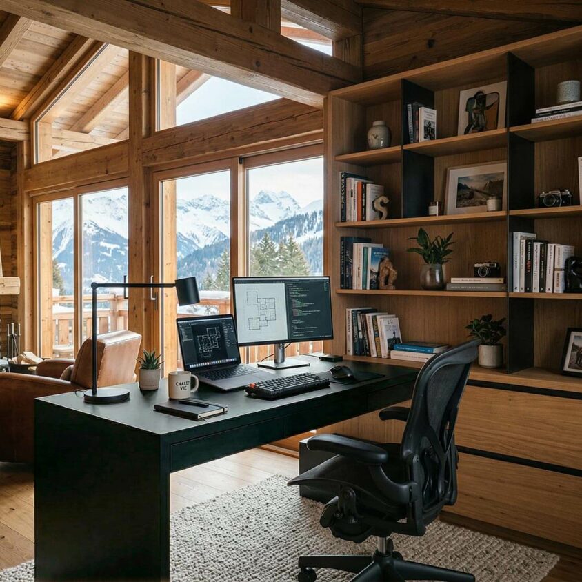 Aménagement intérieur de bureau sur mesure dans un chalet contemporain