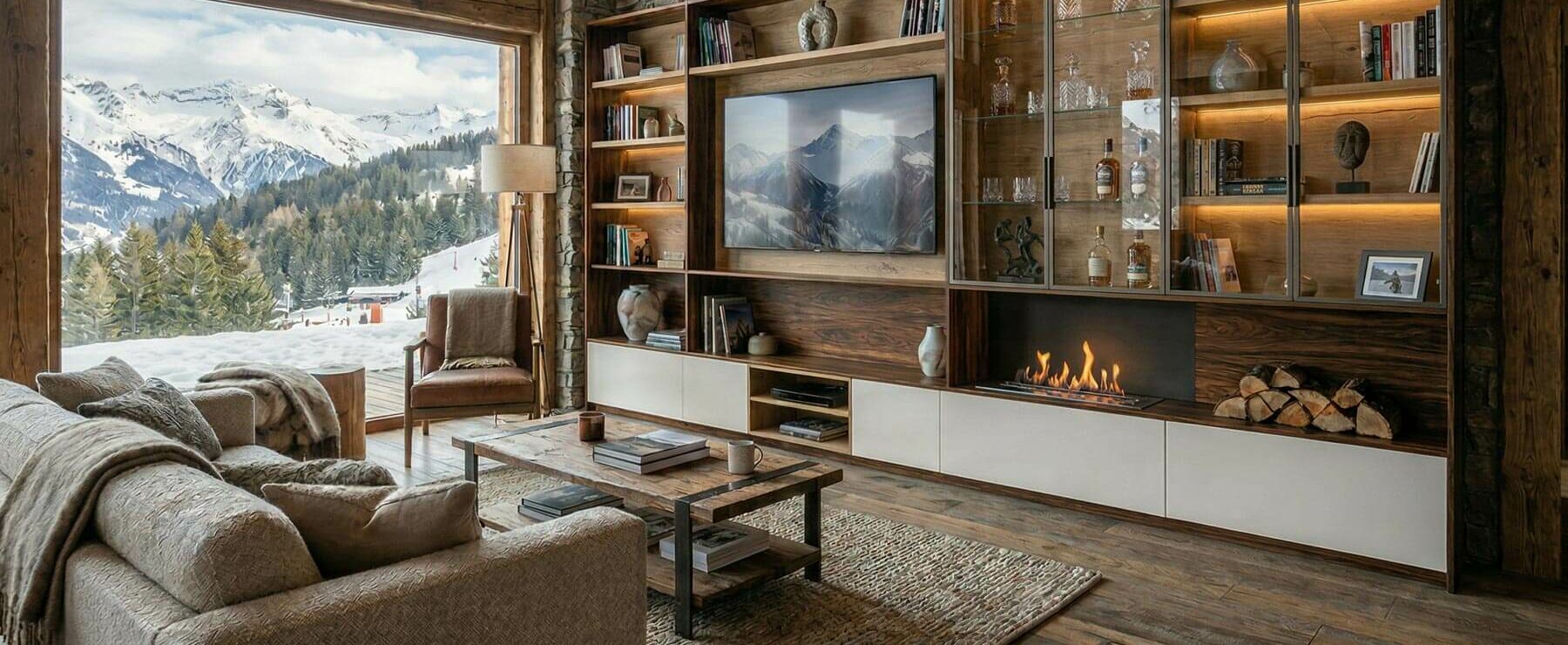 Aménagement d'intérieur avec meuble sur mesure contemporain dans un chalet