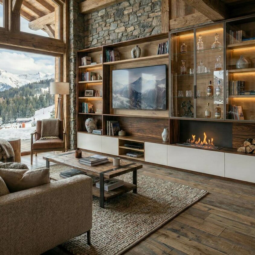 Aménagement d'intérieur avec meuble sur mesure contemporain dans un chalet