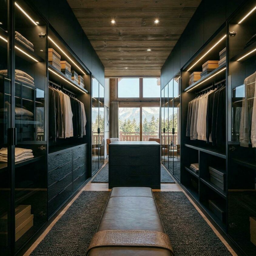 Aménagement intérieur d'un dressing sur mesure dans un chalet contemporain