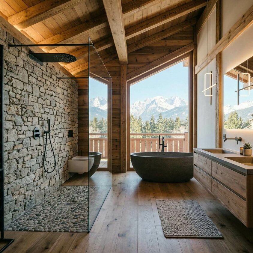 Aménagement intérieur de salle de bain avec douche italienne dans un chalet contemporain