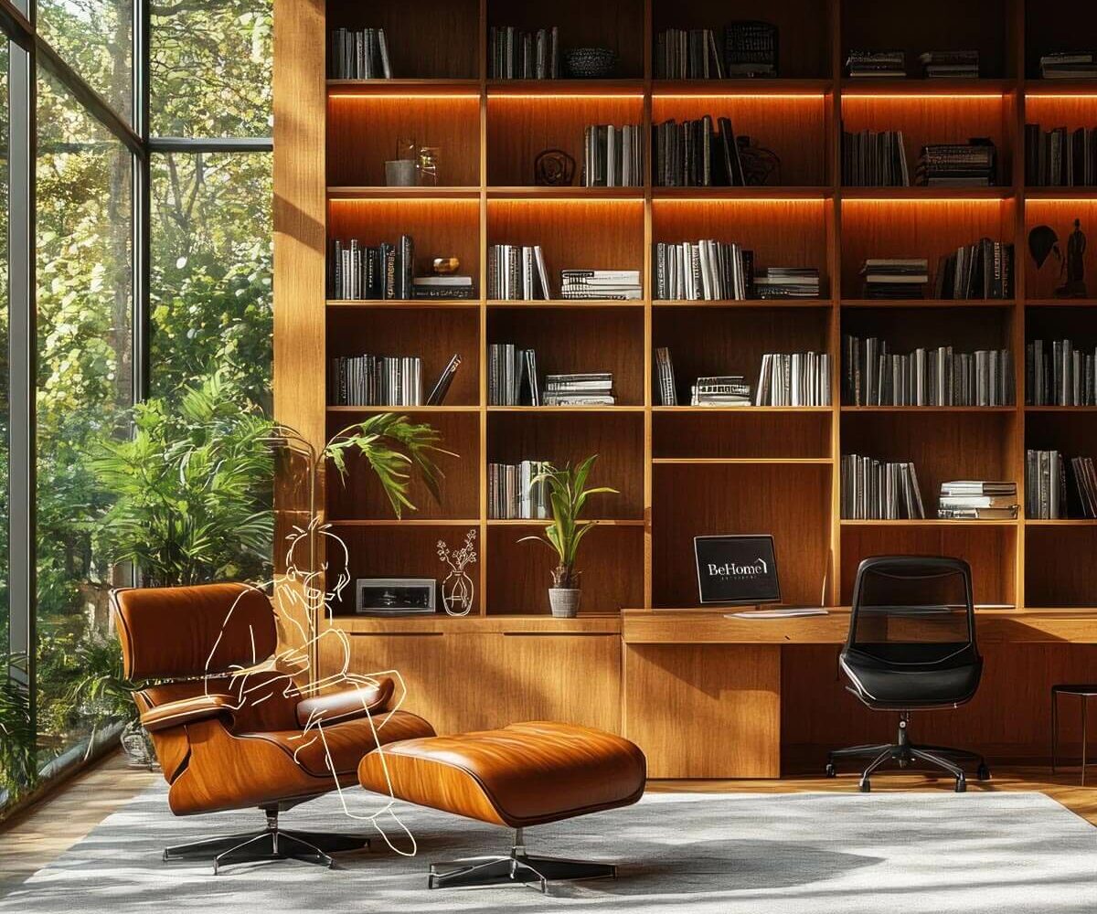 Bibliothèque murale sur mesure en bois avec bureau intégré, rangements ouverts rétroéclairés et espace de travail design dans un intérieur contemporain lumineux.