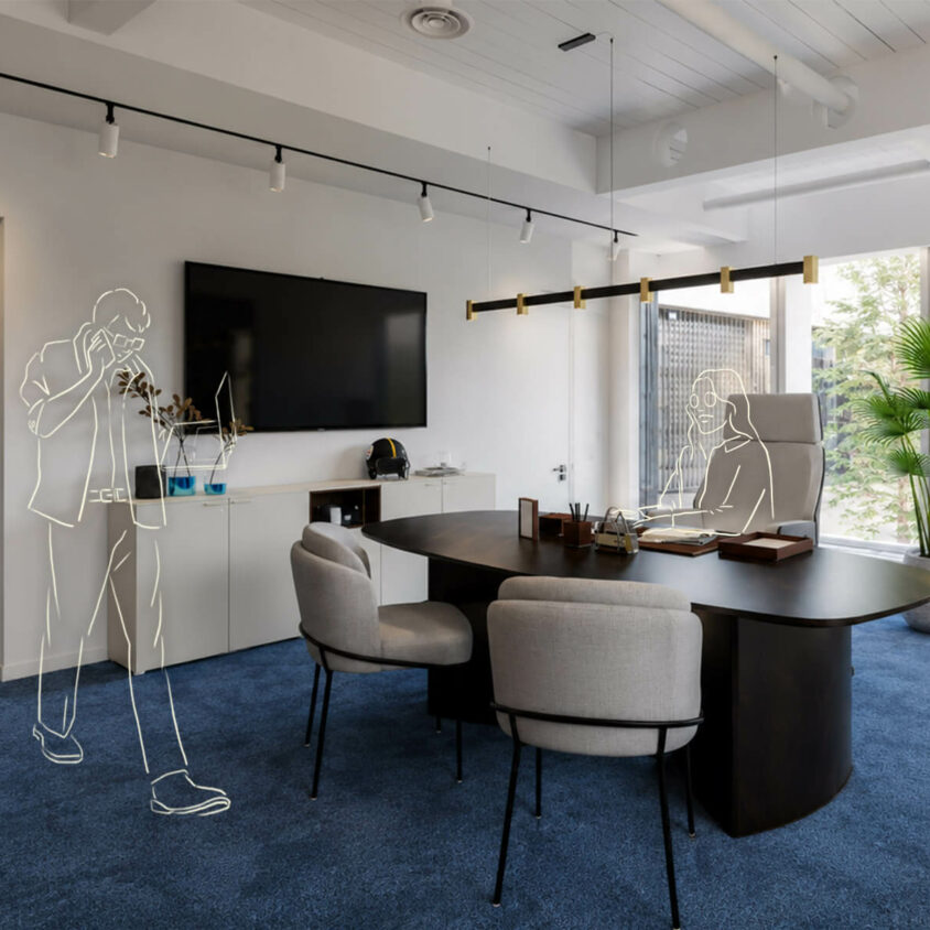 Bureau moderne avec table de réunion, écran mural, plantes