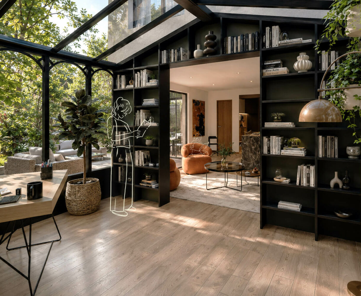 Véranda lumineuse avec bibliothèque noire, plantes et salon contemporain ouvert sur le jardin