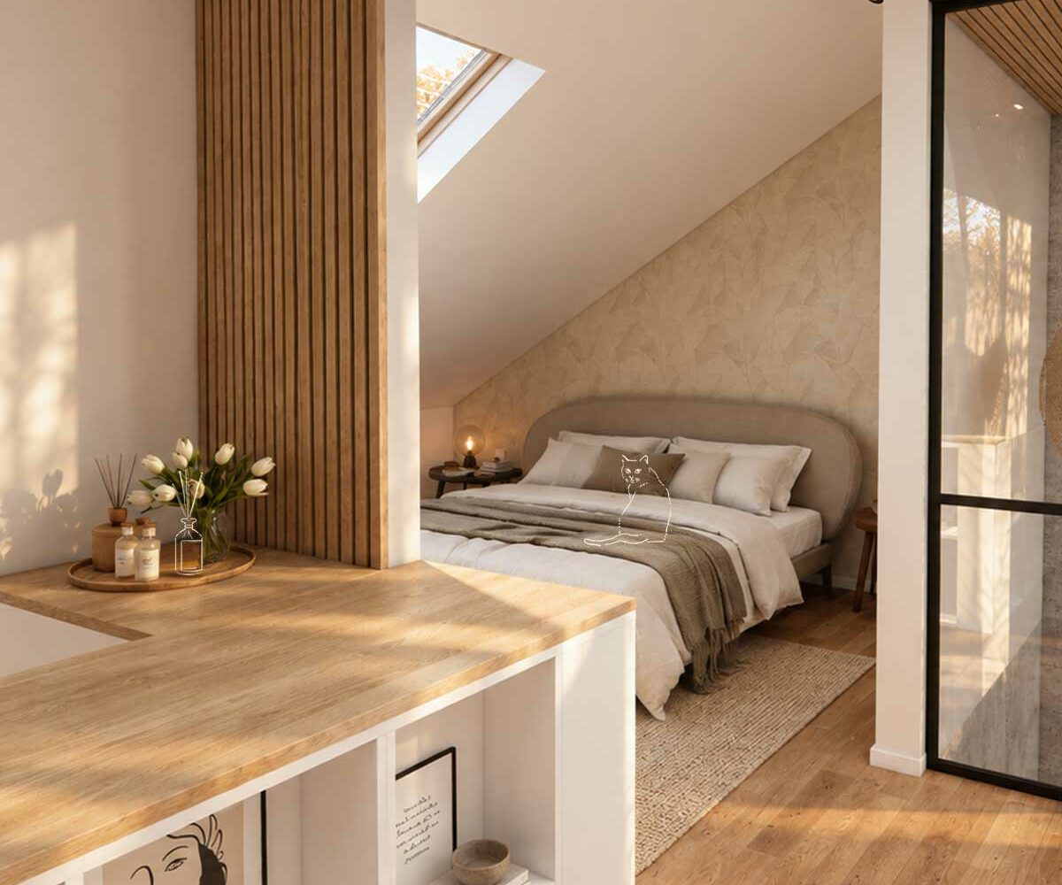 Chambre aménagée sous combles, rangements intégrés et séparation d'espace par claustra en bois