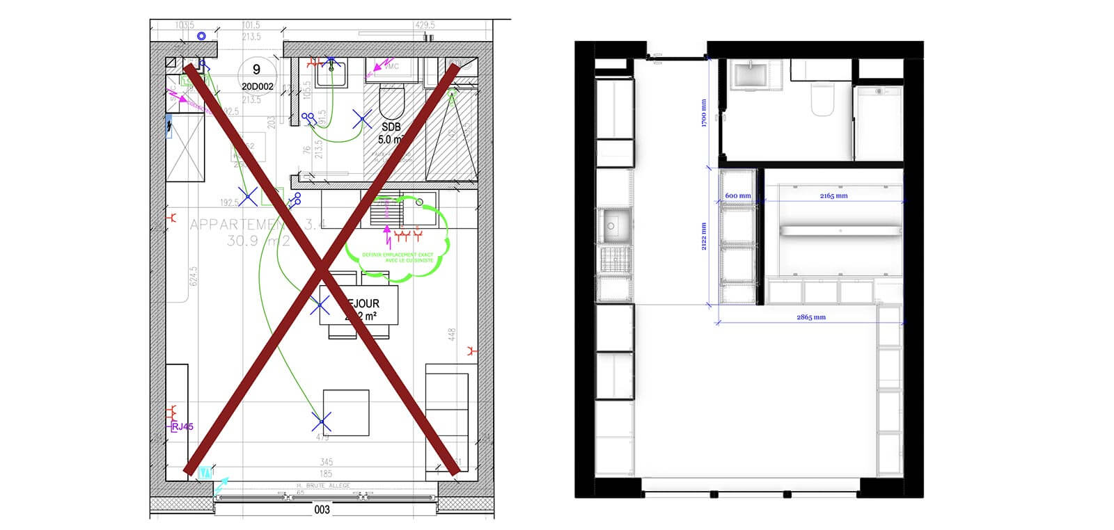 plan amenagement studio meuble pour location howald luxembourg avant apres - meubles sur mesure