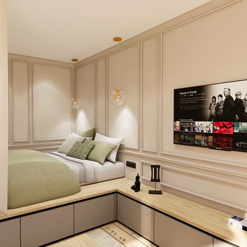 Plan 3D Coin nuit original pour un aménagement intérieur d'un studio destiné à la location