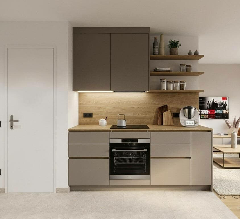Plan 3D projet de cuisine portes fermées dans un aménagement intérieur d'un studio destiné à la location