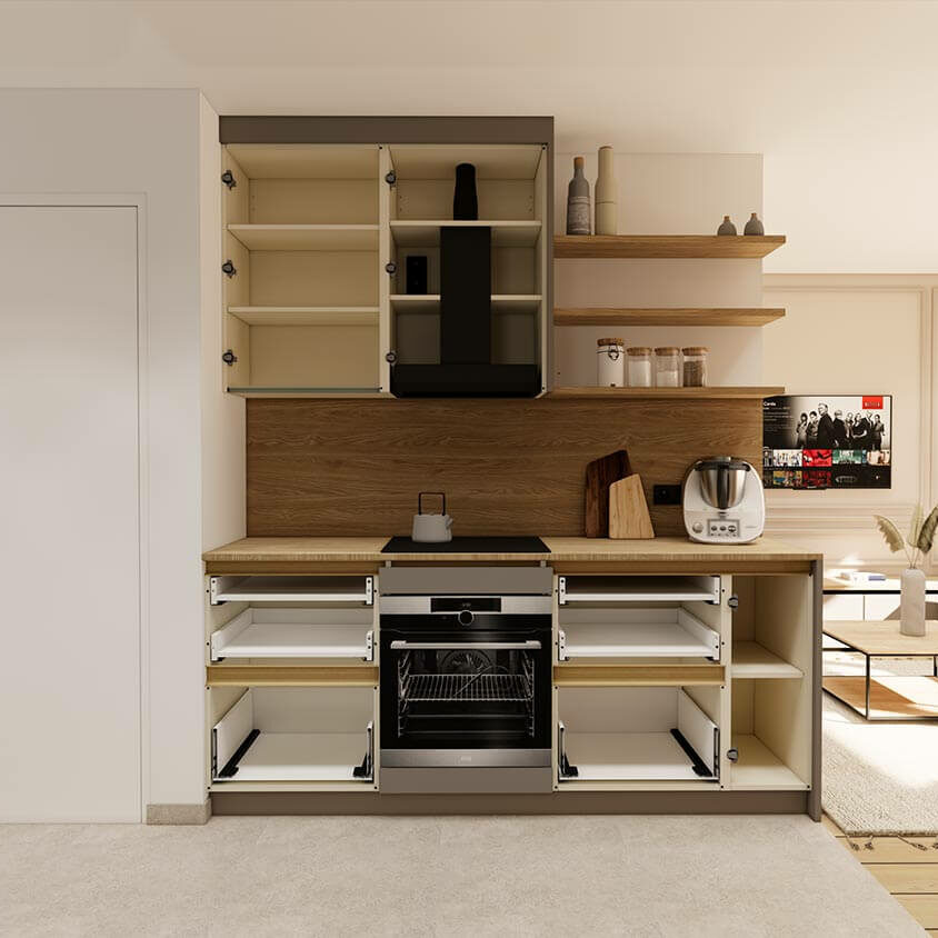 Plan 3D cuisine portes ouvertes dans un aménagement intérieur d'un studio destiné à la location
