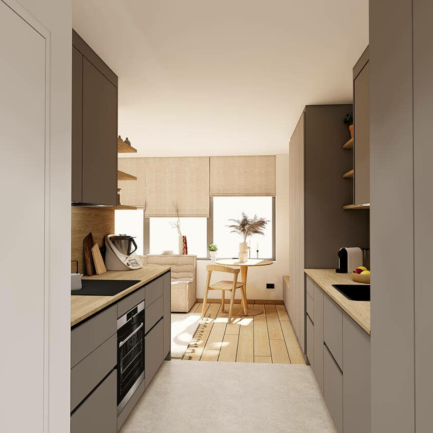 Vue 3D depuis entrée pour un aménagement intérieur d'un studio destiné à la location