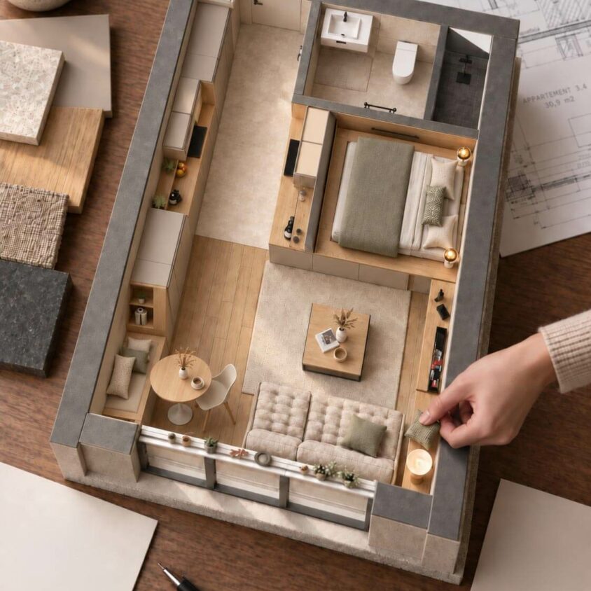 Vue 3D globale d'un aménagement intérieur d'un studio destiné à la location