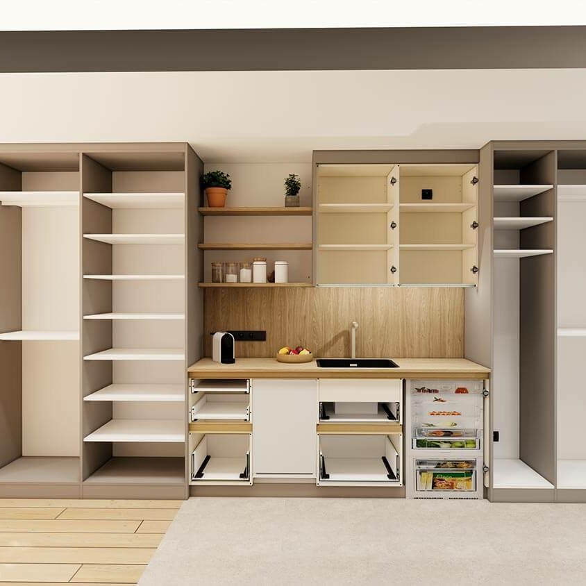 Vue 3D projet meubles portes ouvertes pour un aménagement intérieur d'un studio destiné à la location