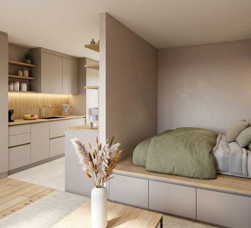 Vue 3D espace nuit pour un aménagement intérieur d'un studio destiné à la location