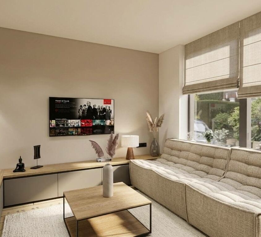 Vue 3D salon pour un aménagement intérieur d'un studio destiné à la location