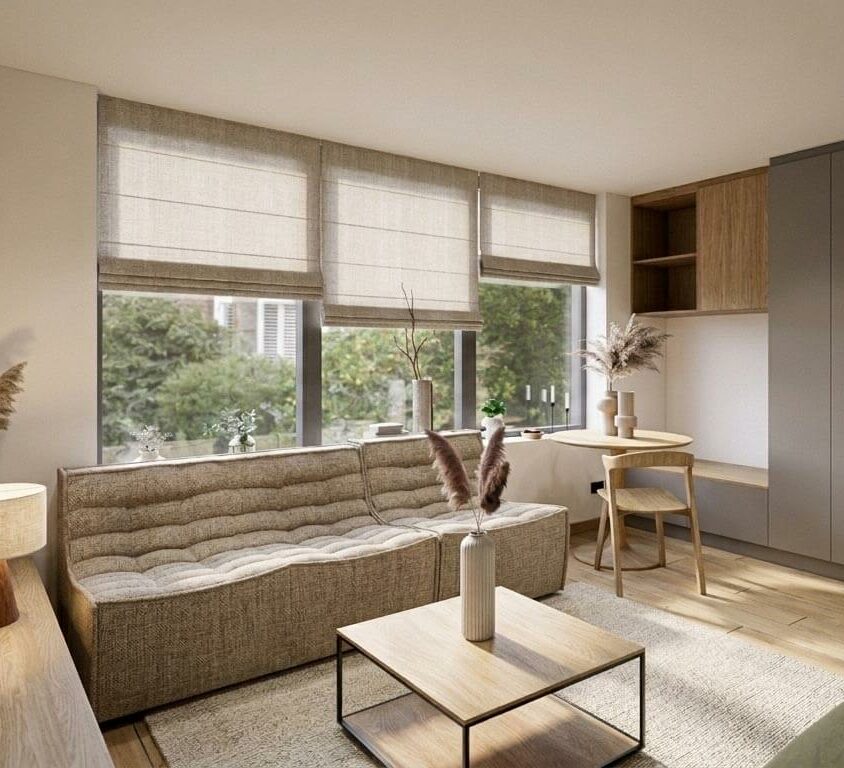 Rendu 3D projet espace salon pour un aménagement intérieur d'un studio destiné à la location