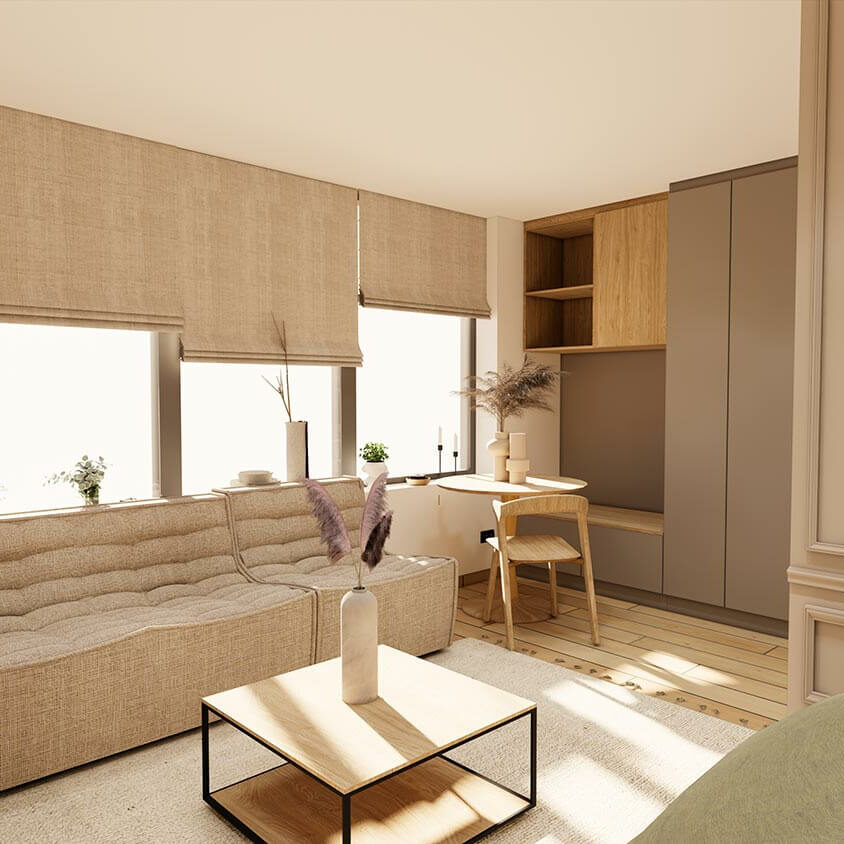 Vue 3D projet espace salon pour un aménagement intérieur d'un studio destiné à la location